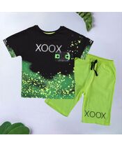 Set vara 2 piese "XOXO", tricou negru, pantaloni scurti 1/2 verde fosforescent