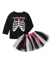 Set Halloween 2 piese , bluza neagra model schelet, fusta tull neagra cu alb