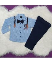 Set 2 piese, camasa bleu model stelute cu papion, pantaloni bleumarin cu bretele detasabile