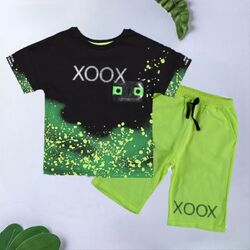 Set vara 2 piese "XOXO", tricou negru, pantaloni scurti 1/2 verde fosforescent