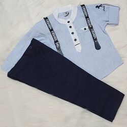 Set 2 piese "Fashion" camasa bleu tip tunica , pantaloni cu bretele