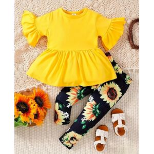 Set vara 2 piese, tricou galben, leggings model floarea-soarelui