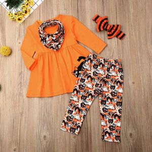 Set 4 piese Halloween bluza portocalie tip rochita, pantaloni pisica neagra, esarfa + bentita