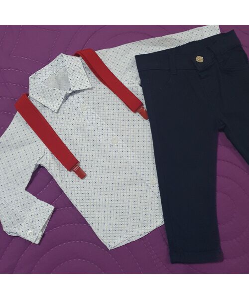 Set 2 piese "Joc de puncte", camasa maneca lunga si pantaloni bleumarin cu bretele rosii