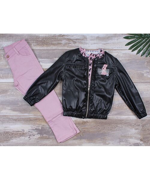Set 3 piese "Leather girl", geaca piele ecologica, bluza si pantalozi roz pudra