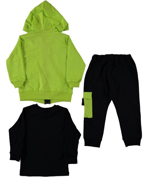 Trening 3 piese "Joc extrem", hanorac cu gluga verde fosforescent, bluza si pantaloni negri