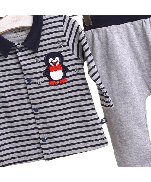Set 2 piese "Pinguinul fericit", bluza in dungi, pantaloni gri