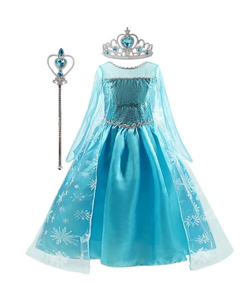Rochie lunga printesa Elsa, prevazuta cu bagheta si coronita