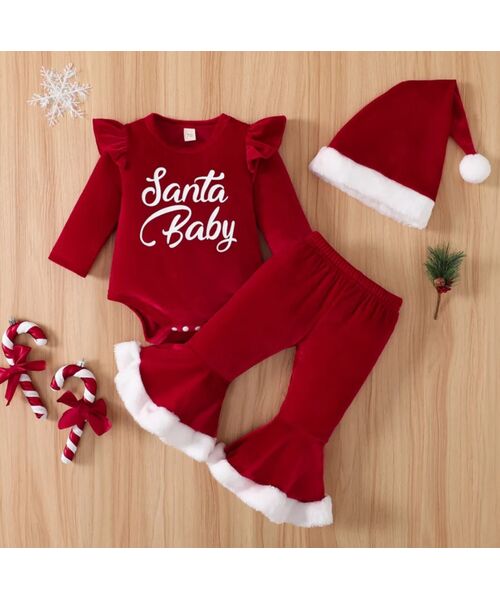 Set Craciun 3 piese "Santa baby", body rosu, pantaloni clopot si caciulita catifea