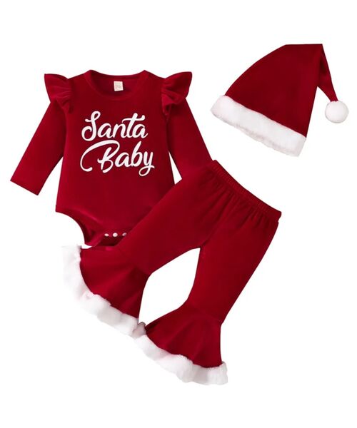Set Craciun 3 piese "Santa baby", body rosu, pantaloni clopot si caciulita catifea