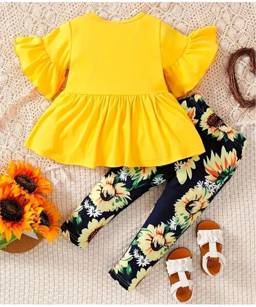 Set vara 2 piese, tricou galben, leggings model floarea-soarelui
