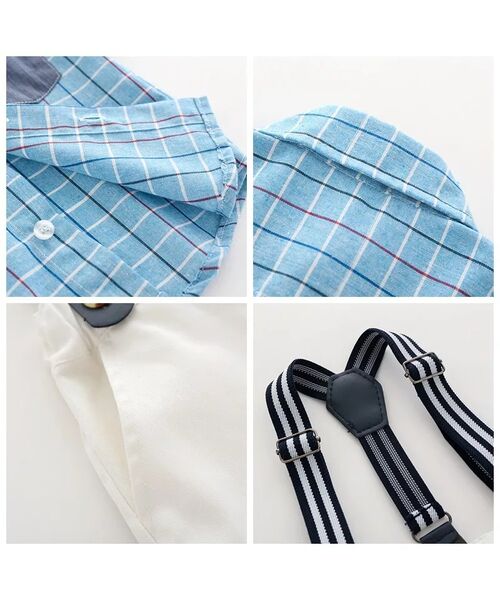 Set elegant 2 piese camasa bleu, pantaloni albi,cu bretele si papion