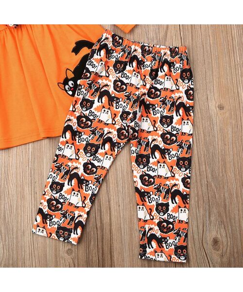 Set 4 piese Halloween bluza portocalie tip rochita, pantaloni pisica neagra, esarfa + bentita