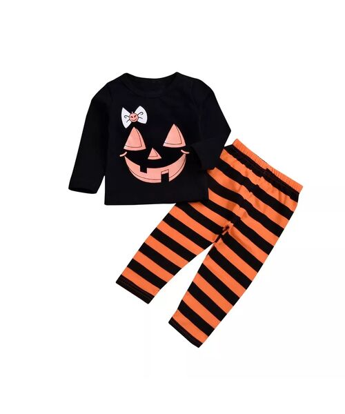 Set 2 piese "Halloween fericit", bluza neagra, pantaloni in dungi negre si portocalii