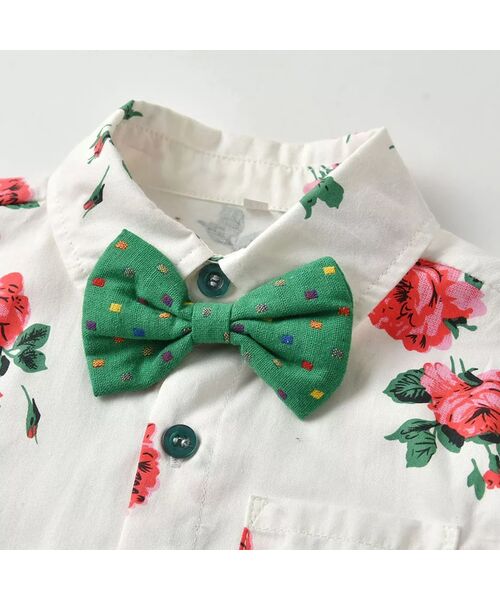 Set elegant 2 piese, camasa flori cu papion, pantalon verde inchis cu bretele