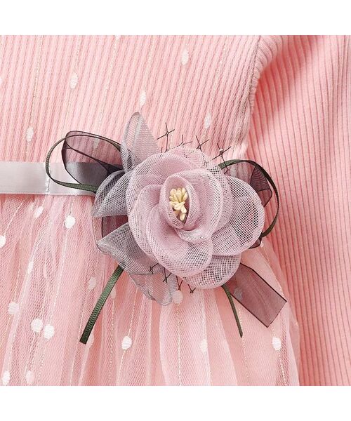 Rochie eleganta, roz din tull cu trandafir, maneca lunga
