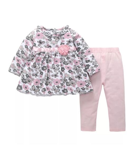 Set 2 piese "Fluturasul intre flori", bluza tip rochita, leggings roz