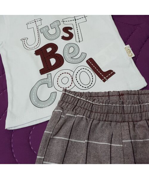 Set vara 2 piese "Be cool", tricou alb cu cravata , pantaloni scurti in carouri