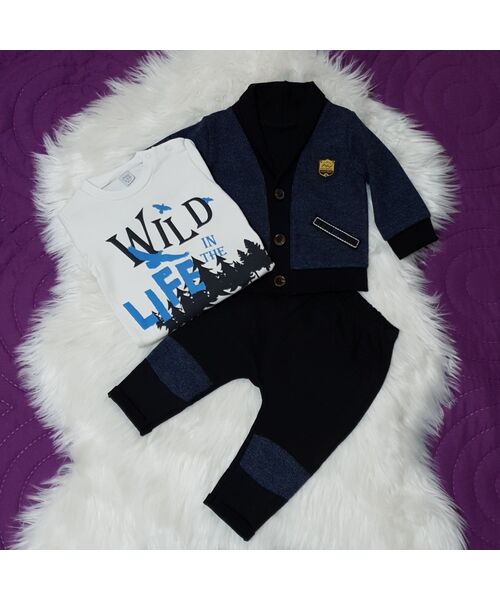 Set 3 piese " Viata in salbaticie" , pulover bleumarin, bluza alba maneca lunga, pantaloni negri