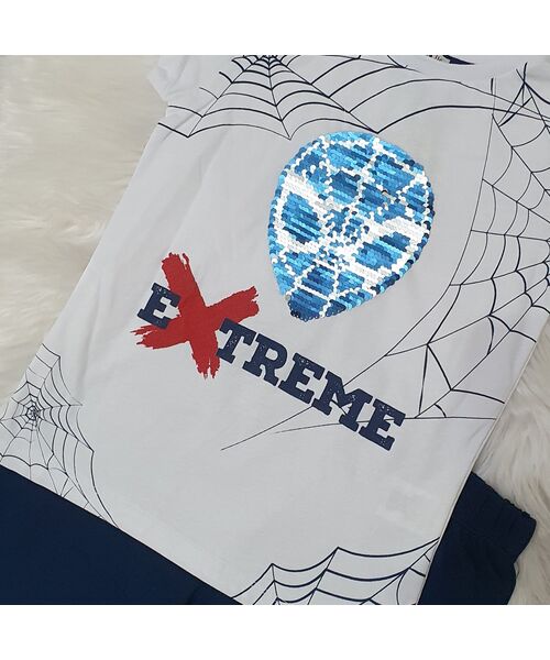 Set vara 2 piese " Spider extreme", tricou alb cu paiete reversibile, pantaloni scurti bleumarin