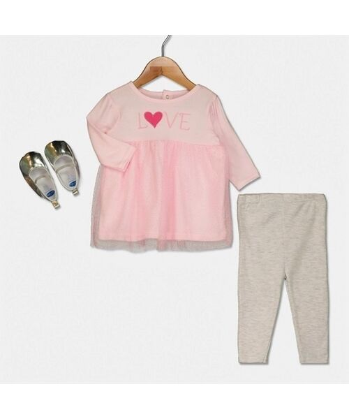 Set 3 piese " Love pink", bluza tip rochita, leggings gri, papucei argintii